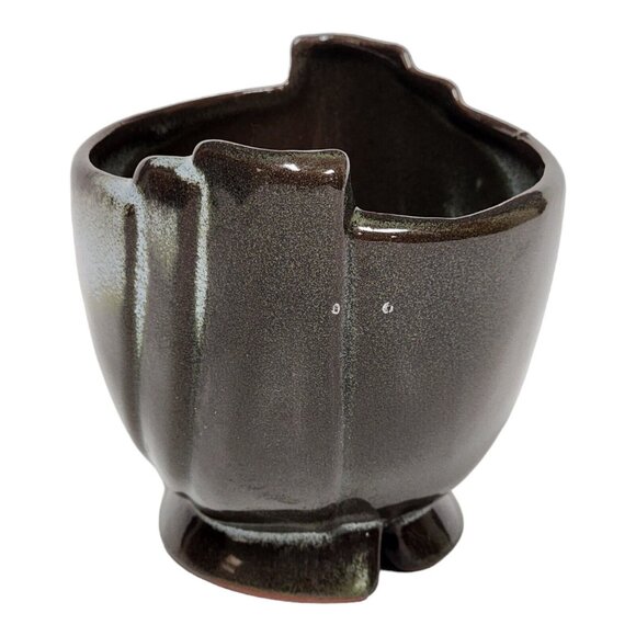 Frankoma Pottery #35 Footed Bowl Prairie Green & Brown Clay Serving Dish - Picture 3 of 8